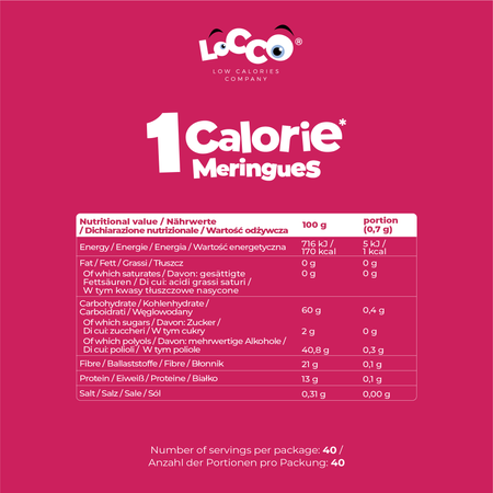 LoCCo 1 kcal Bezy 100% Naturalne Niskokaloryczne Malinowe ze Stewią 28 g